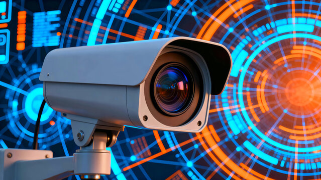 Security camera with advanced technology background for surveillance and protection providing safety and monitoring in modern systems with digital network integration and security solutions