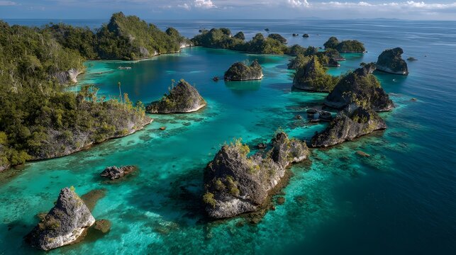 Aerial view captures numerous tropical karst islands scattered across clear turquoise ocean waters - Powered by Adobe