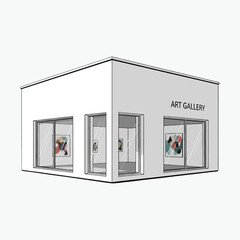 Isometric view of a modern art gallery with colorful artwork on display