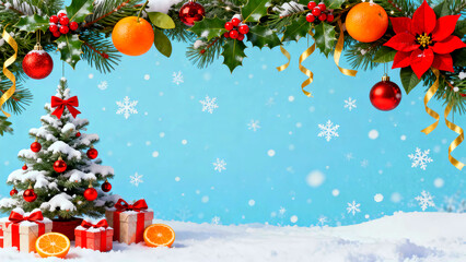 Festive christmas scene featuring a decorated tree gifts oranges and holiday ornaments against a snowy backdrop with a light blue sky perfect for holiday greetings and seasonal promotions