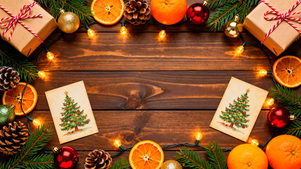 Festive christmas background featuring ornaments pine cones gifts and christmas tree cards arranged on a rustic wooden surface with warm fairy lights creating a cozy holiday scene