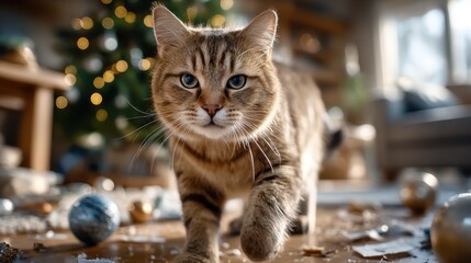 Domestic scene: a cat walks among scattered Christmas decorations, a Christmas atmosphere.