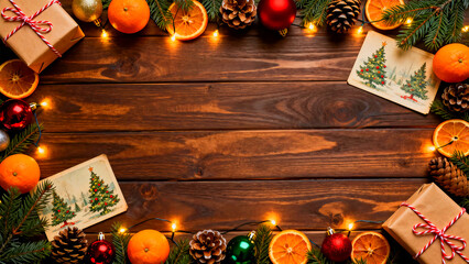 Festive christmas arrangement featuring ornaments pine cones and gifts on a rustic wooden background with string lights creating a warm holiday atmosphere perfect for seasonal greetings