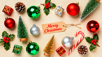 Festive christmas decorations including ornaments pine cones miniature trees gifts holly and a candy cane arranged on a beige surface with a merry christmas tag for holiday cheer