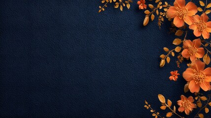Vibrant orange floral accents border a deep navy textured background providing ample copy space