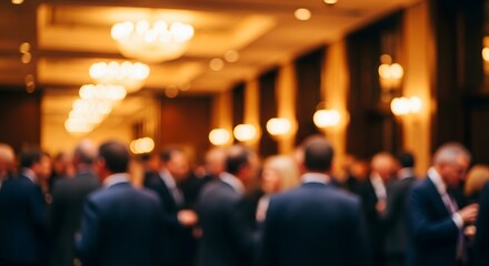 Blurred image of a business conference or networking event with many people in suits gathered indoors under warm lighting