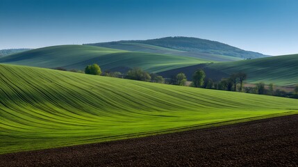 Rolling green agricultural fields undulate beneath a clear bright sky