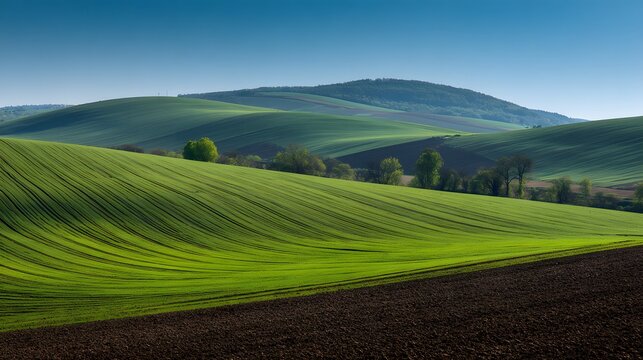 Rolling green agricultural fields undulate beneath a clear bright sky