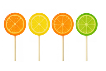 Citrus fruit shaped lollipops with orange, lemon, lime slices for sweet candy flavors on transparent background
