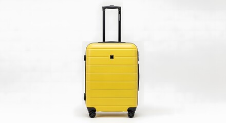 Bright yellow hardshell rolling suitcase with extended handle isolated on white background for travel concept