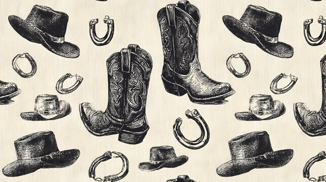 Western themed repeated pattern featuring detailed illustrations of boots hats and horseshoes in monochrome style