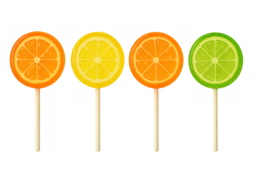 Citrus fruit shaped lollipops with orange, lemon, lime slices for sweet candy flavors on transparent background