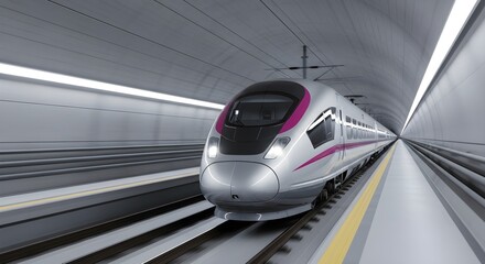 Obraz premium Silver High Speed Train Approaching in a Tunnel With Motion Blur Effects