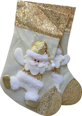 Two ivory and gold glitter Christmas stockings, decorated with Santa Claus on a transparent background
