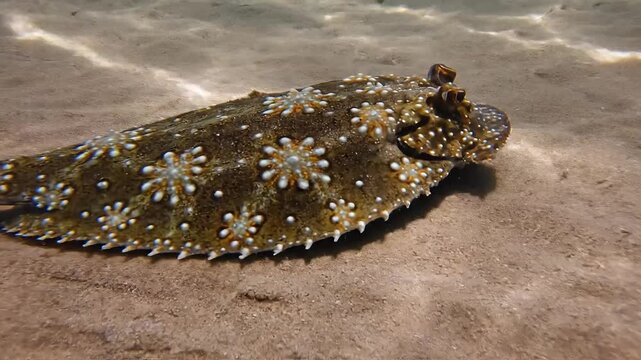 Camouflaged flatfish resting on sandy seabed, sunlight filtering through clear water