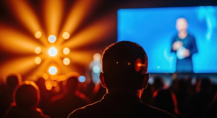 Rear view of audience member watching a speaker on stage with dramatic lighting and a large screen display during a business conference or inspirational event