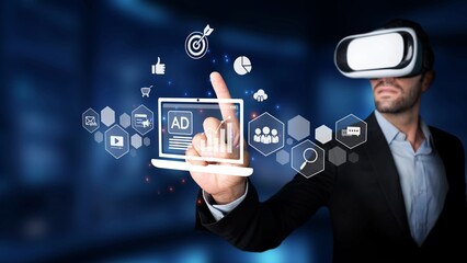 A businessman wearing a virtual reality headset engages with digital marketing visuals, showcasing innovation in technology and the future of business interactions. Raster