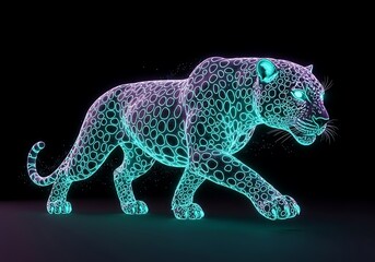 Fototapeta premium Luminous leopard illustration with striking neon glow and black backdrop a stylized representation
