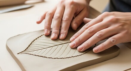 Crafting leafy impression on clay, handmade earthenware pottery project