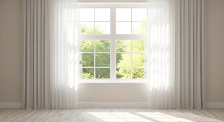 Fototapeta premium Bright Window with White Curtains and Sunlight Streaming Into an Empty Room