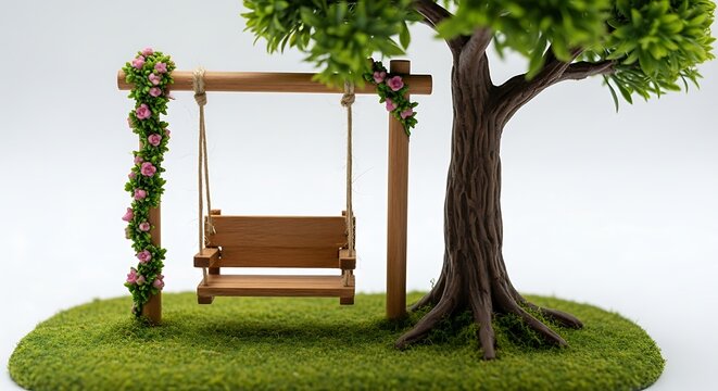 Miniature floral swing under a tree, whimsical outdoor serenity theme