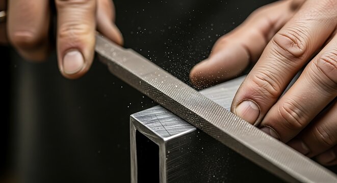 Metalworker shaping steel with a file, showcasing precision and craftsmanship