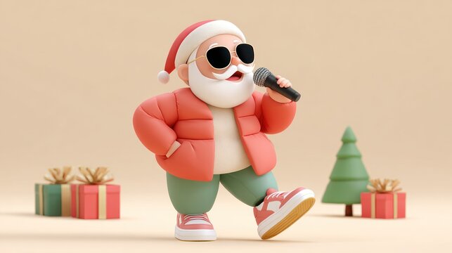 Trendy Santa Claus rockstar singing performing with microphone