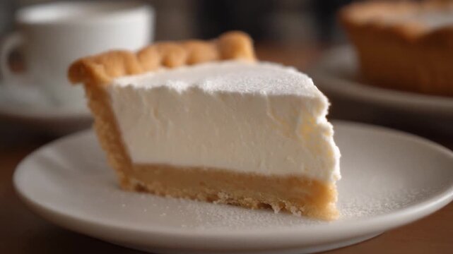 A delightful slice of pie with a creamy filling, elegantly presented on a plate