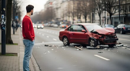 Man Observing a Car Crash on a City Street with Debris Scattered