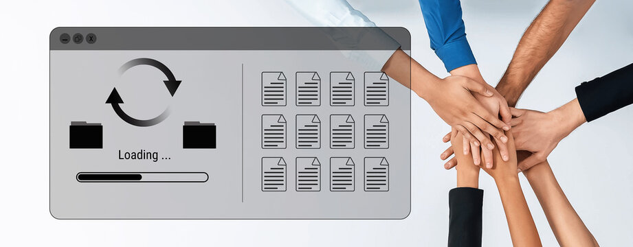 File synchronization or loading interface with progress bar, folders, and documents, symbolizing data backup, transfer, and system update Parse