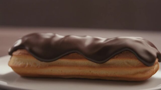 A close-up shot of a delicious &eacute;clair with chocolate frosting, perfect for any sweet craving