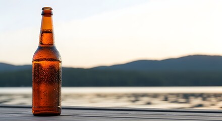 Cold Beer Bottle On a Table With Lakeside Mountain View In the Evening