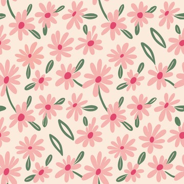 Pastel Pink Daisy Flowers Seamless Pattern Illustration