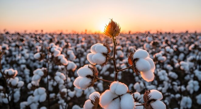 Cotton Field in Sunrise Soft White Bolls Against a Colorful Horizon - Powered by Adobe
