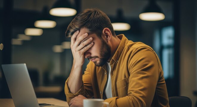 Stressed young businessman suffering from burnout and headache while working late at his laptop in a dark office