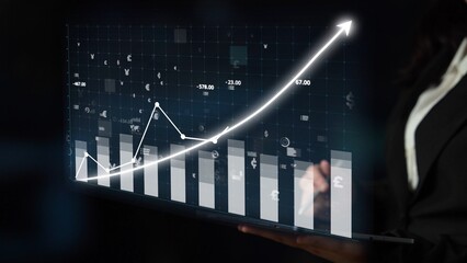 A professional businesswoman showcasing financial growth with graphs and charts. Modern workspace setting emphasizes data analysis and trends in finance. Copula