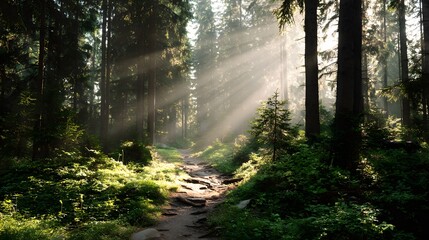 Obraz premium Sunlight streams through dense evergreen trees illuminating a winding dirt path in the wilderness