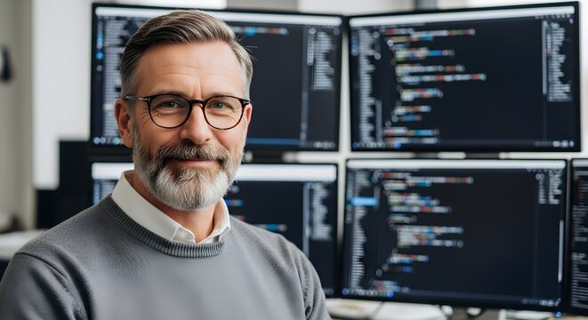 Man in Glasses Smiling with Code in the Background While Working on Computer