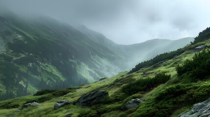 Rolling green mountain slopes disappear into atmospheric mist under an overcast sky
