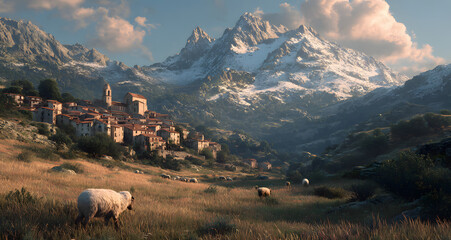 Village Corse, brebis et cimes enneigées