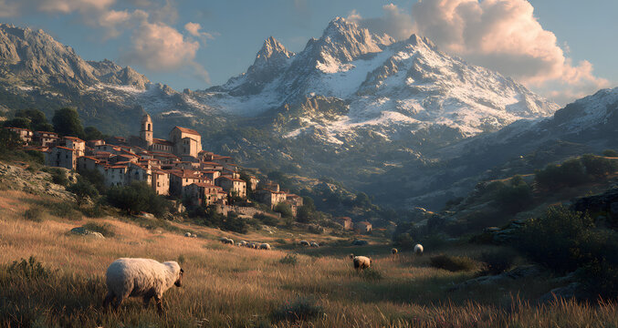 Village Corse, brebis et cimes enneigées