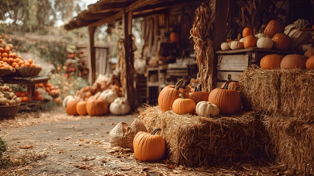Numerous harvested gourds and dried straw bales adorn an outdoor rustic market display