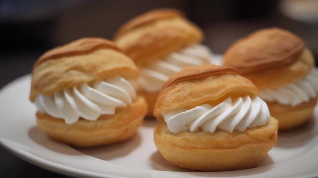 Delicious Cream Puffs on a Plate. The puffs are golden brown, filled with a fluffy white cream filling, and arranged artfully