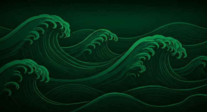 Stylized green ocean waves illustration in dark teal monotone palette