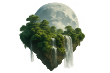 Floating island with waterfalls and lush green trees, concept of fantasy nature, surreal dream world, giant moon in background, transparent alpha channel
