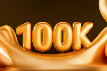 Gold shiny 100k number standing on smooth golden fabric background. Concept of achievement celebration milestone and luxury reward for success event.