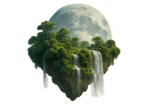 Floating island with waterfalls and lush green trees, concept of fantasy nature, surreal dream world, giant moon in background, transparent alpha channel