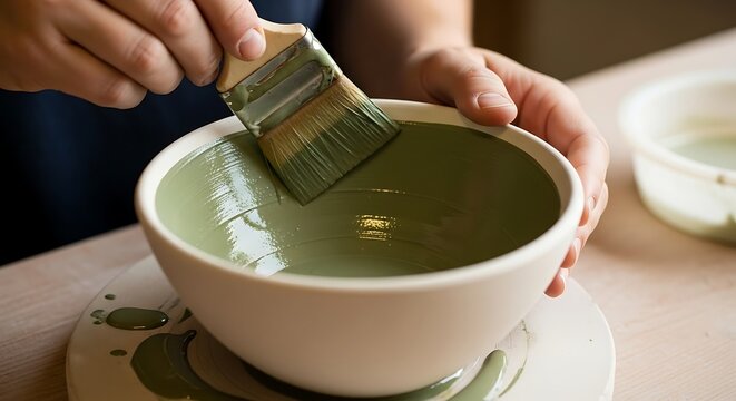Ceramic artist coating bowl interior with vibrant green glaze paint