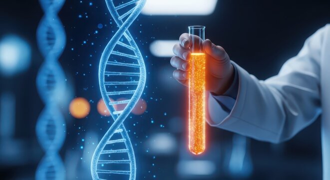 Genetic Research and Biotechnology. Scientist Holding a Test Tube with Glowing Liquid Next to a Digital DNA Helix. Scientific Discovery Concept