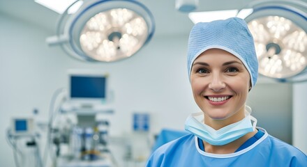 Female Surgeon Smiling Confidently in Operating Room with Surgical Lights Ready to Perform a Surgery